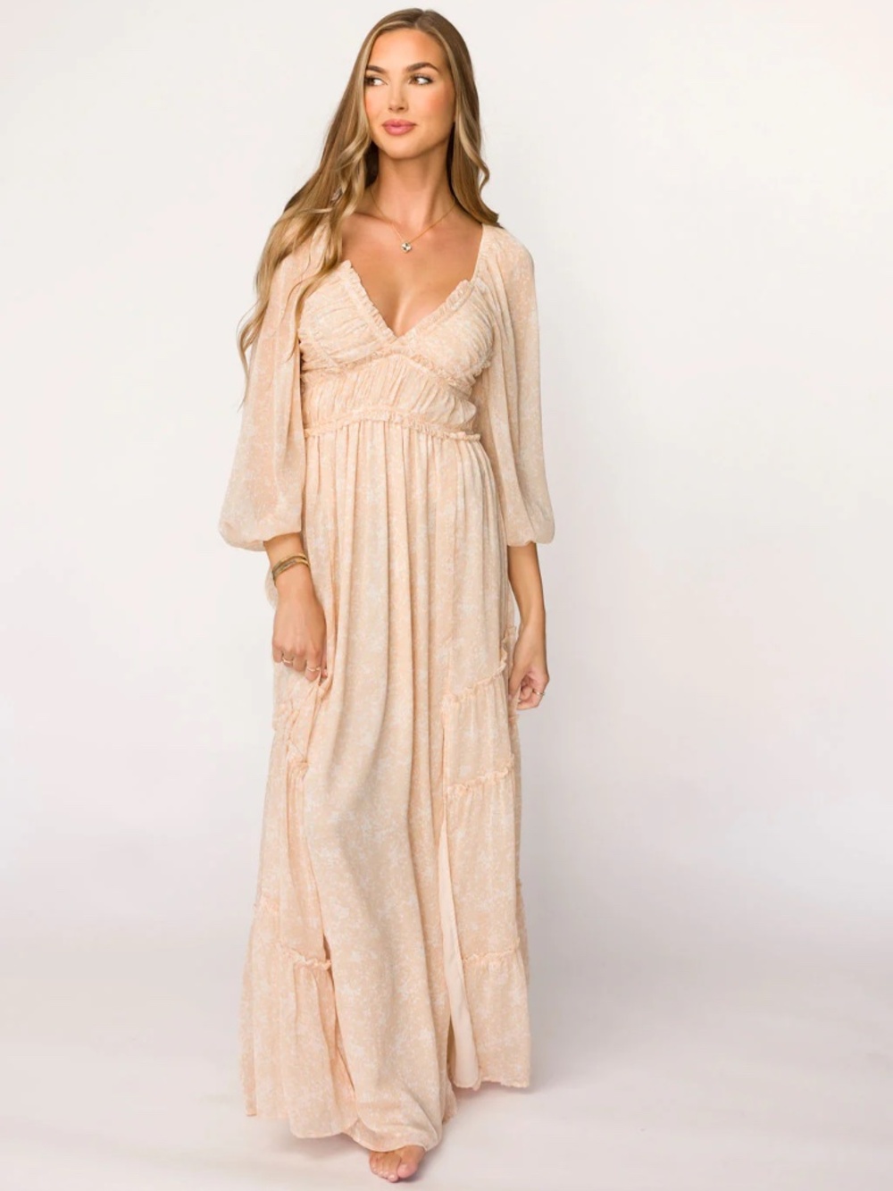 Worth Collective - Daphne Long Sleeve Maxi Dress in Light Beige/White Floral
